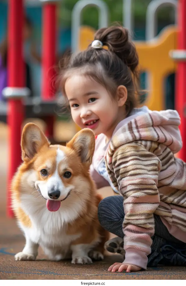 A happy girl is playing with a corgi in the playground