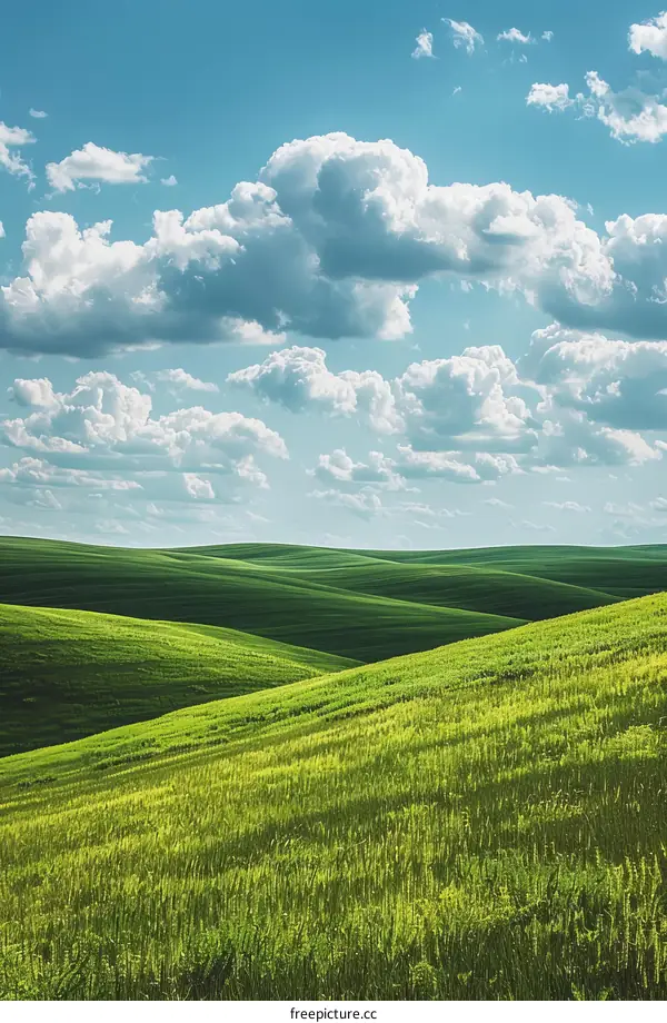 Green rolling hills under blue sky and white clouds