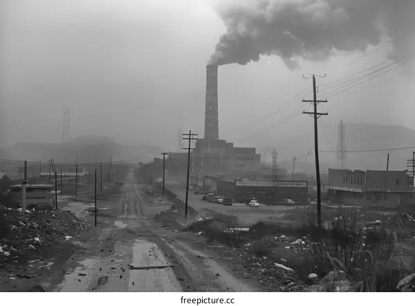 An industrial area with a large factory in the background