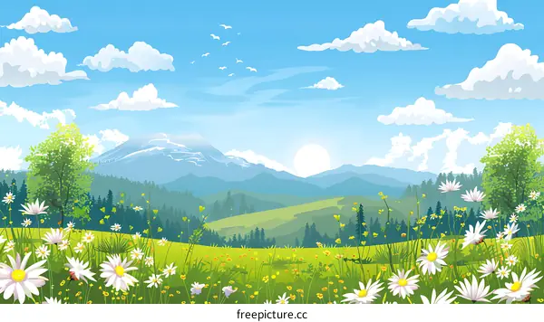 Beautiful Mountain Landscape With Field of Flowers