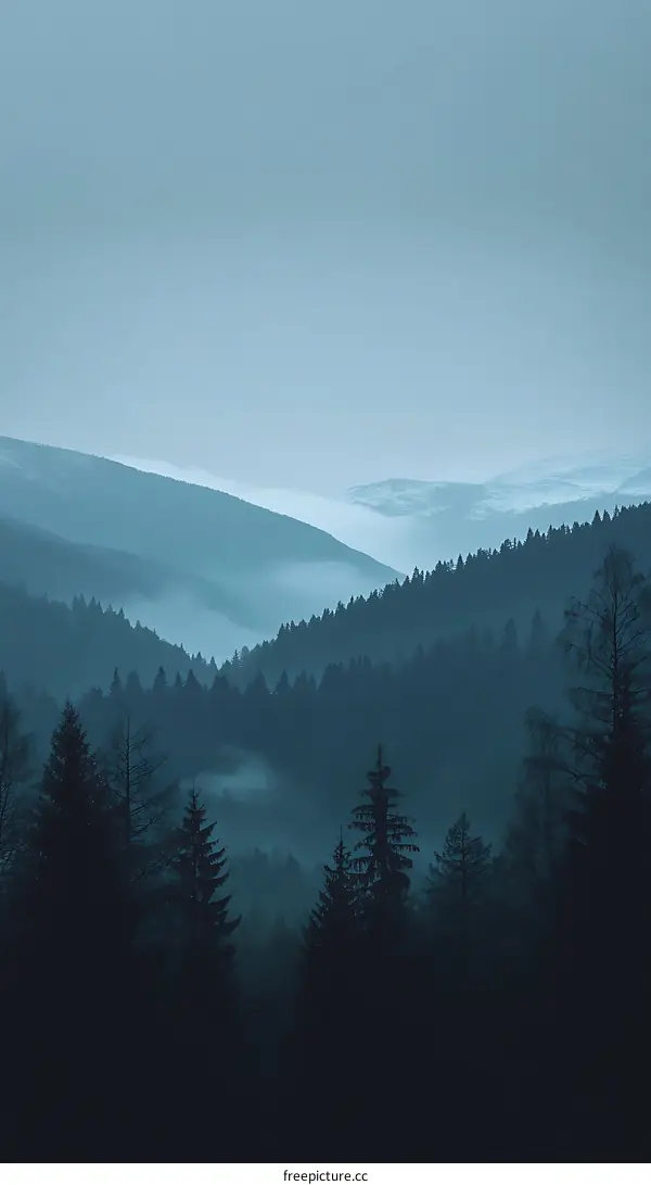 Misty Mountains and Evergreen Forest Landscape