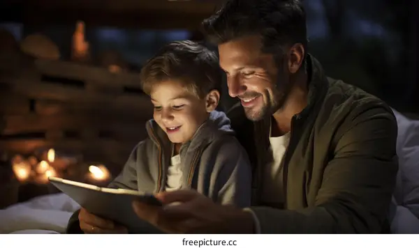 Father and son reading a book together