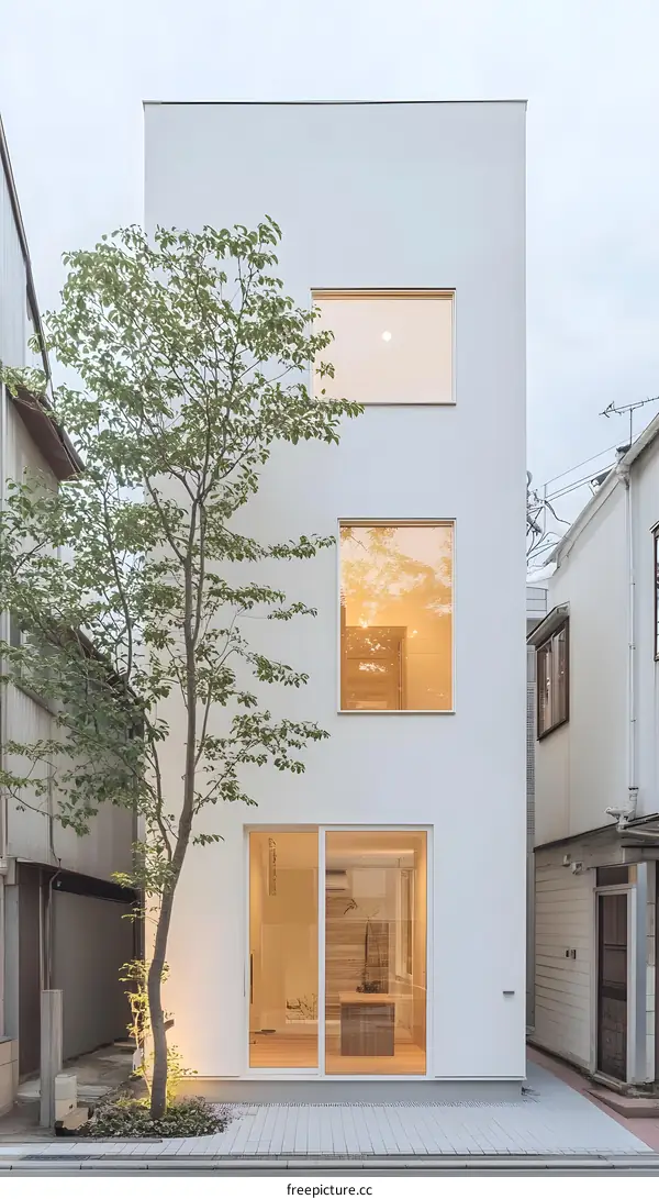 Minimalist White House Exterior with Tree and Windows