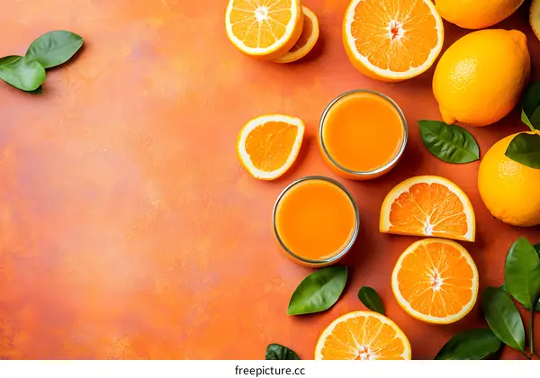 Fresh Orange Juice with Sliced Oranges and Leaves on Orange Background