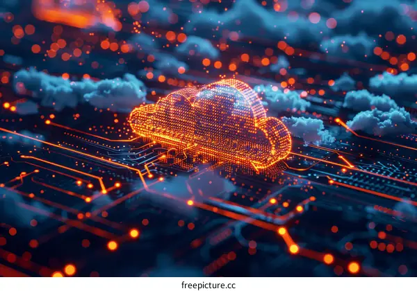 Glowing orange cloud computing concept over a blue circuit board