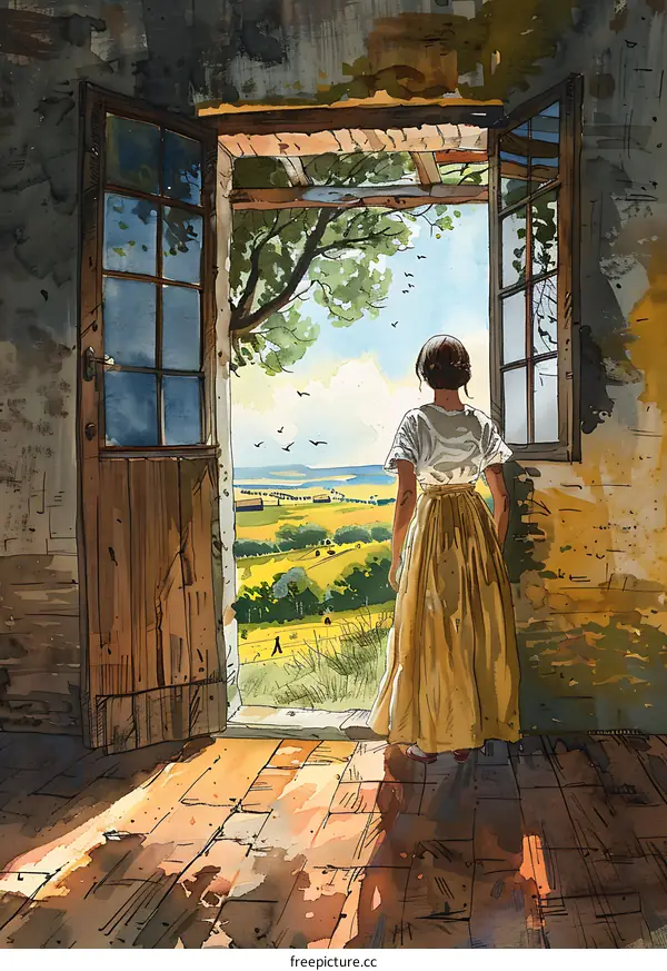 Woman Looking Out A Window At A Countryside Landscape