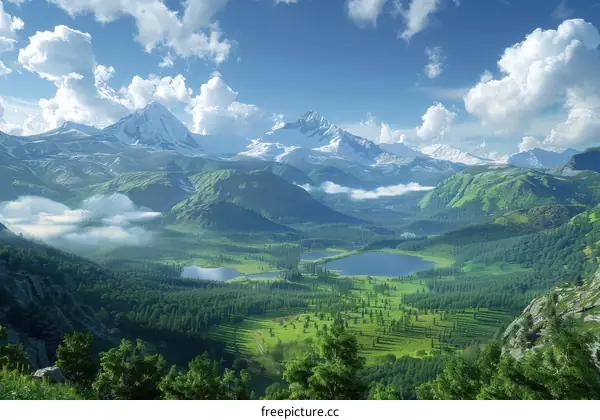 Enchanted Forest with Azure Lakes and Cascading Mountains