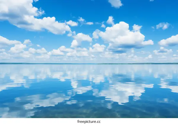 Blue sky and white clouds reflecting on the calm lake