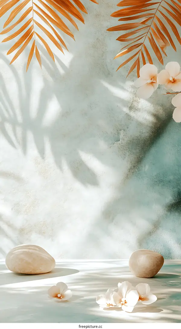 Tropical Minimalist Aesthetic Background With White Flowers And Stones