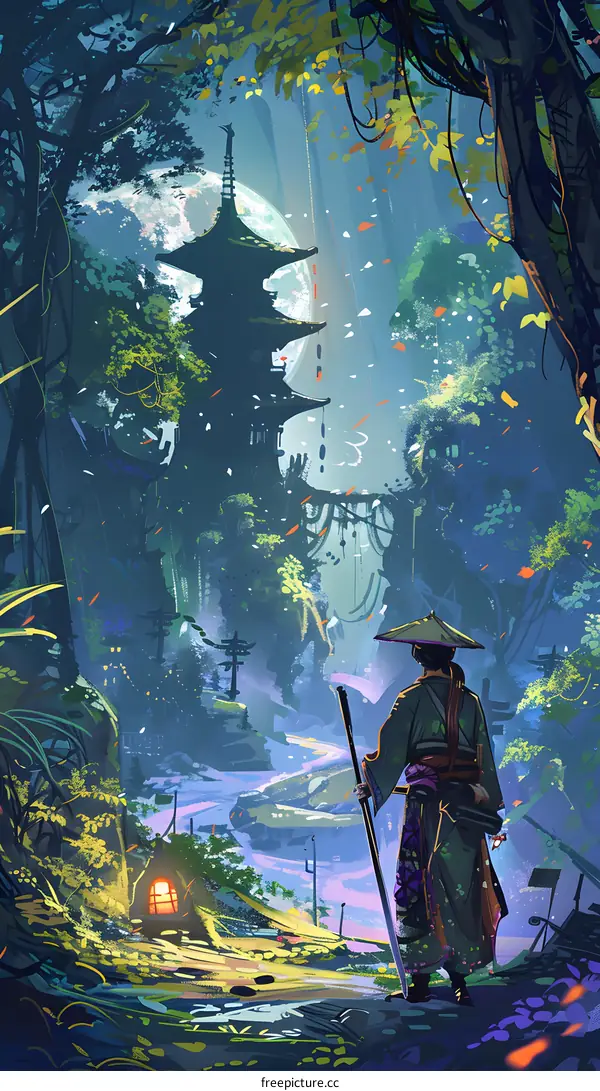 Fantasy Japanese Landscape With A Person In Traditional Clothing