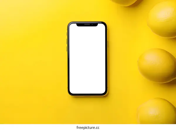 Smartphone with Blank Screen on Yellow Background and Lemons