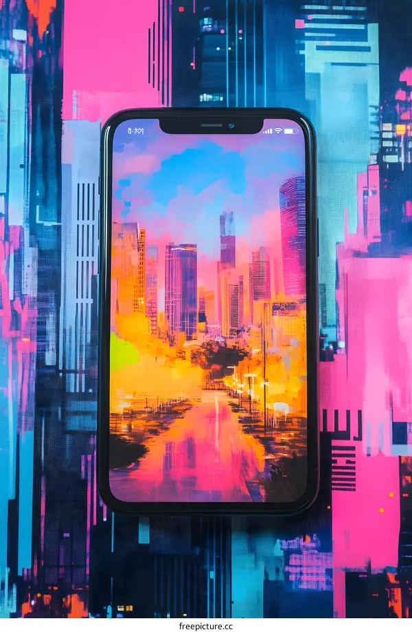 Cityscape Illustration on Smartphone Screen with Neon Background