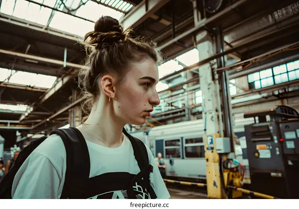 Woman in a White T-Shirt Standing in a Train Depot