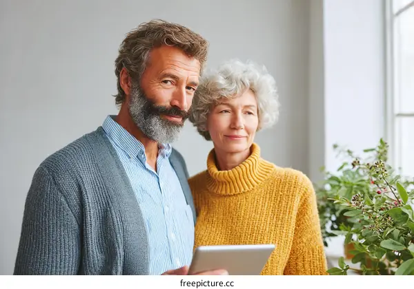 Couple using digital tablet indoors