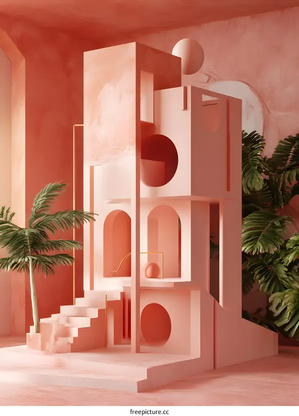 Abstract Pink Geometric Shapes Design with Palm Trees in a Room