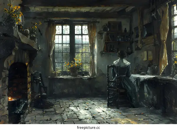 Woman Sitting in a Room with a Fireplace and a Window