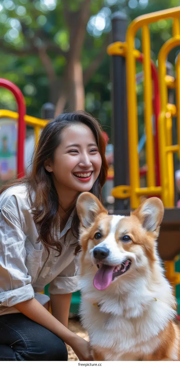 Smiling Asian woman and a happy dog