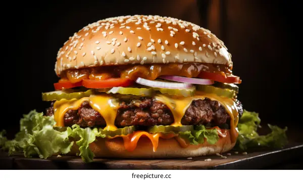 yummy cheeseburger with pickles, tomatoes and onions