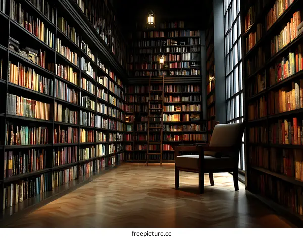 Dark and Majestic Library Interior with Bookshelves