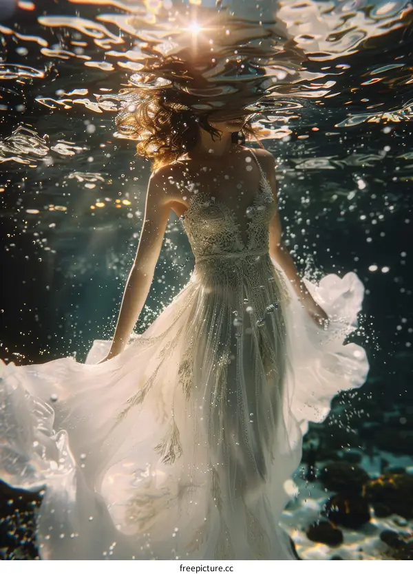 Bride in a Flowing White Dress Underwater with Sun Rays