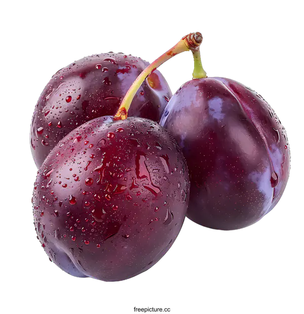 [Transparent Background PNG]Three Fresh Plums with Water Droplets
