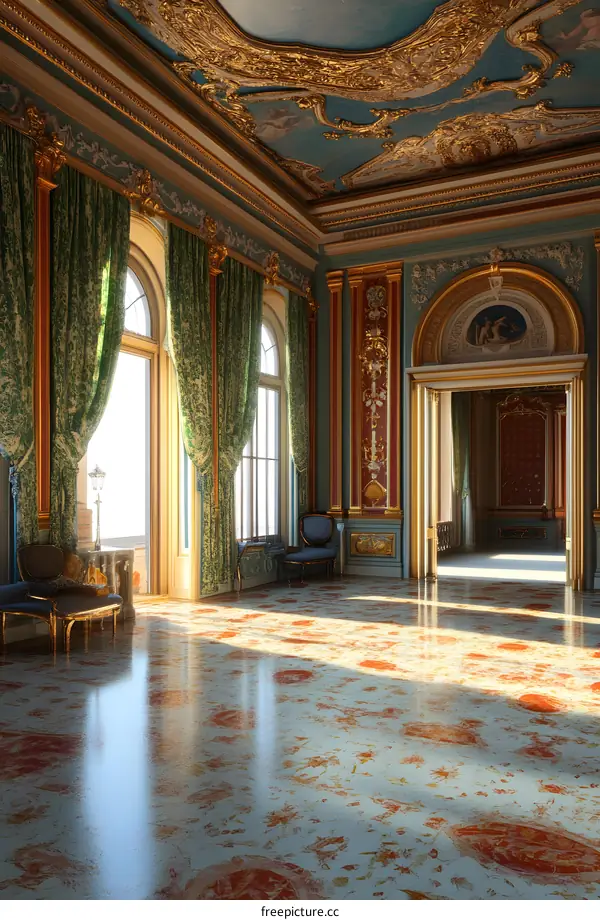 Elegant Gold and Blue Interior Design With Ornate Ceiling