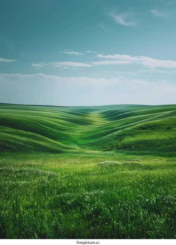 Green rolling hills beneath a blue sky