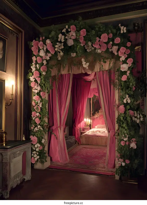 Romantic Bedroom with Pink Curtains and Floral Decorations