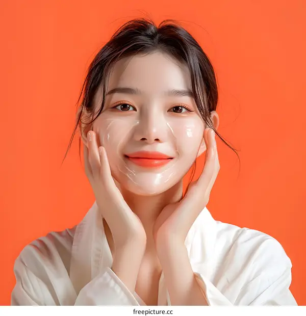 Young Asian Woman Applying Face Mask With Smiling Expression