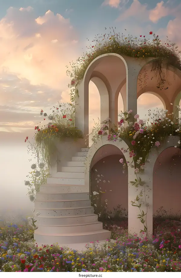 Stone Archway with Flowers and Stairs