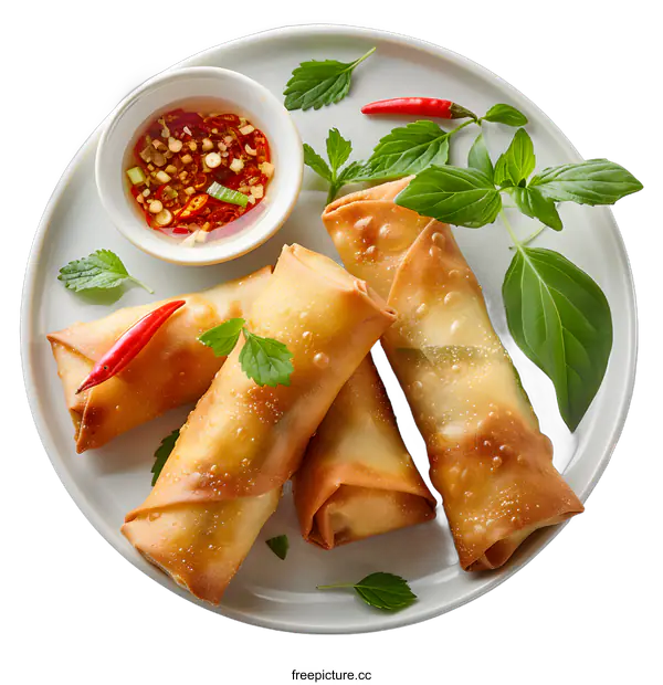 [Transparent Background PNG]Four crispy fried spring rolls with sweet chili sauce