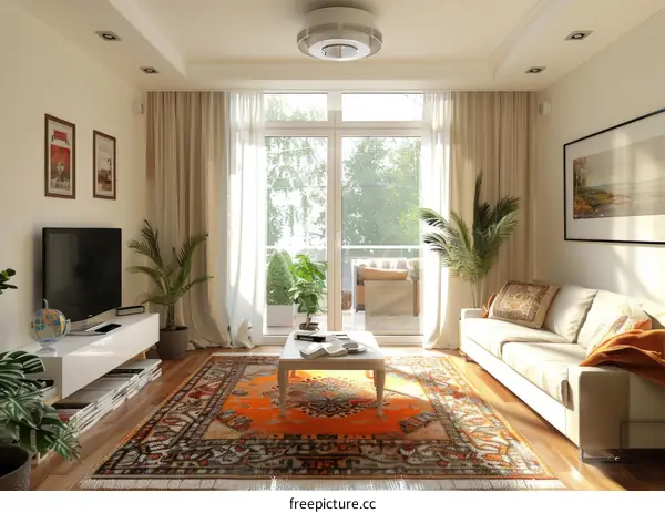 Bright living room interior design with large windows and a colorful rug