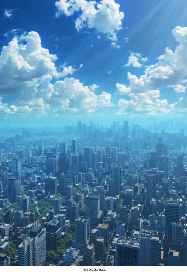 Urban Metropolis with Towering Skyscrapers Under a Clear Blue Sky