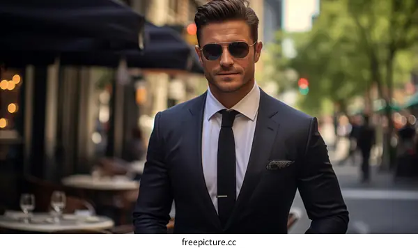 A handsome man with sunglasses and a suit is standing on the street
