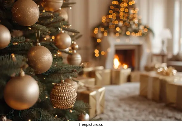 Christmas tree decorated with golden balls in the living room