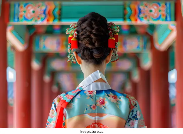 A woman wearing a hanbok, a traditional Korean dress, is standing in a hallway with colorful decorations.