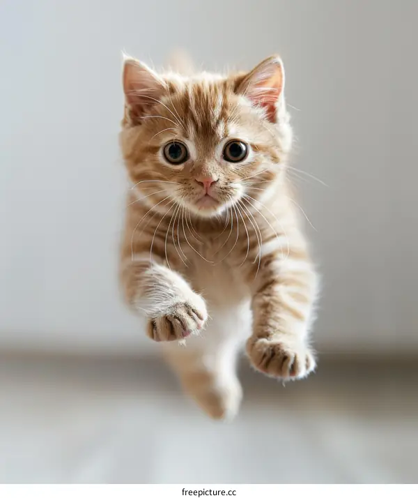 A ginger kitten is jumping towards the camera