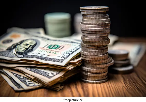 Stack of American Dollars and Coins on a Wooden Table