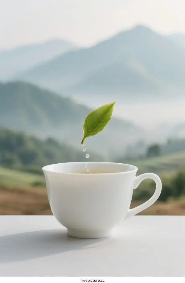 A Fresh Green Tea Leaf Falling into a White Ceramic Cup with Mountain View