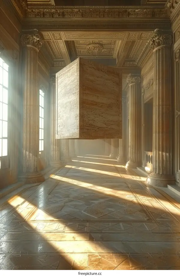 Ancient Majestic Hallway with Floating Cube