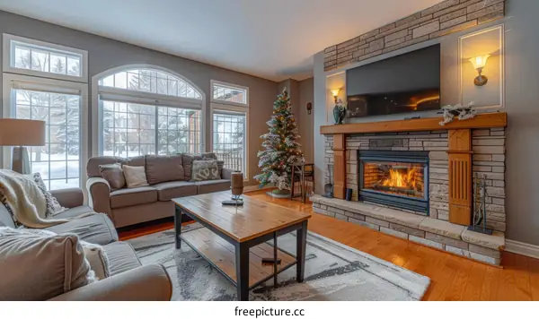Cozy living room with fireplace and Christmas tree
