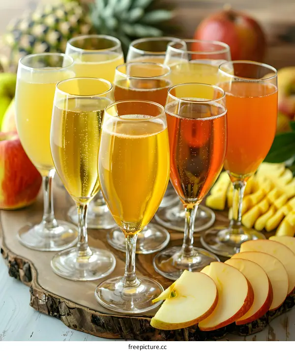 Variety of Apple Cider in Glasses on Wooden Board