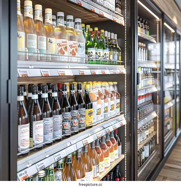 Refrigerated Shelves Displaying Variety of Bottles in a Grocery Store