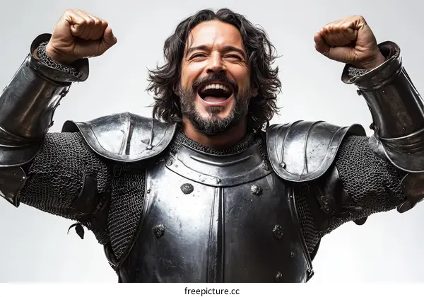 Victorious Medieval Knight in Full Armor