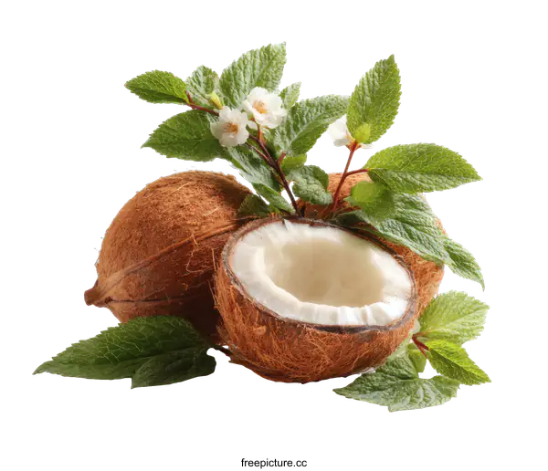 [Transparent Background PNG]Fresh Coconut with Leaves and Flowers