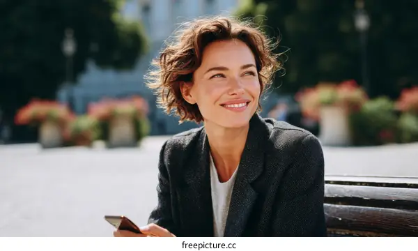 Smiling Woman Outdoors on a Bench