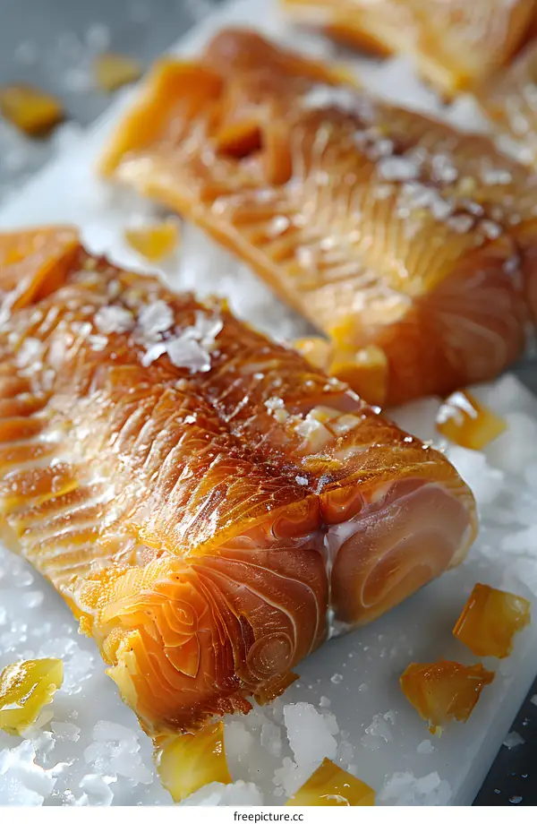 Close Up of Smoked Salmon on Ice with Candied Ginger
