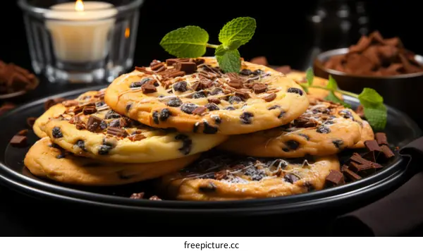 A plate of chocolate chip cookies with a candle in the background