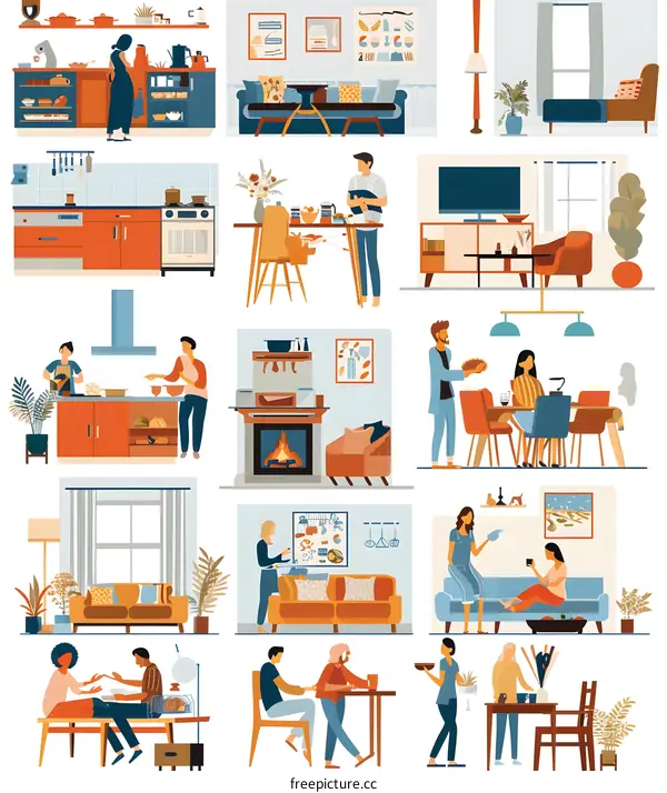 Modern Home Interior Design Illustration with People Cooking, Eating and Relaxing