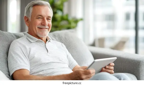 Smiling Senior Man Using Tablet at Home